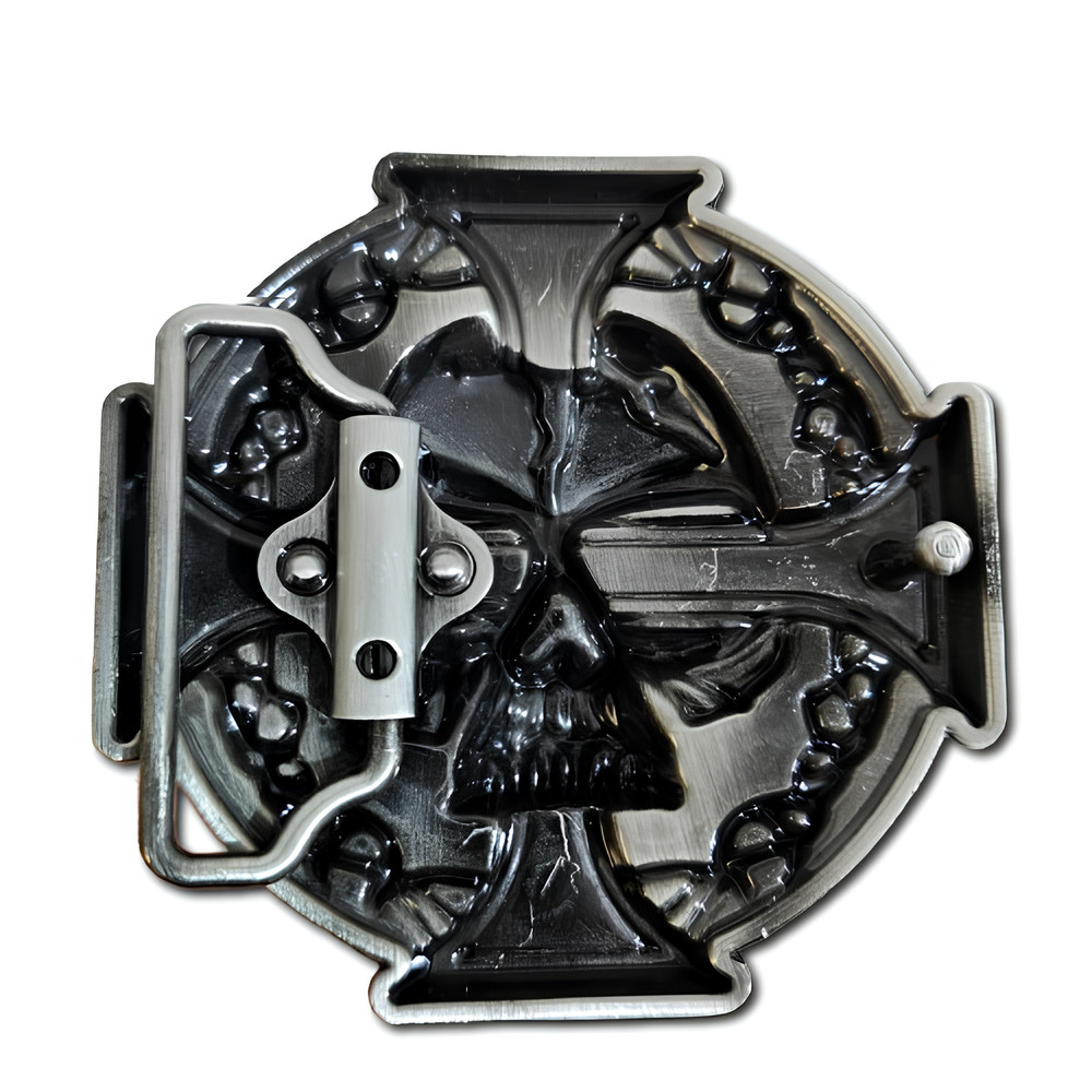 Belt Buckle Skull Cross Red Enamel Gothic Biker Style 80mm Silver Iron Cross