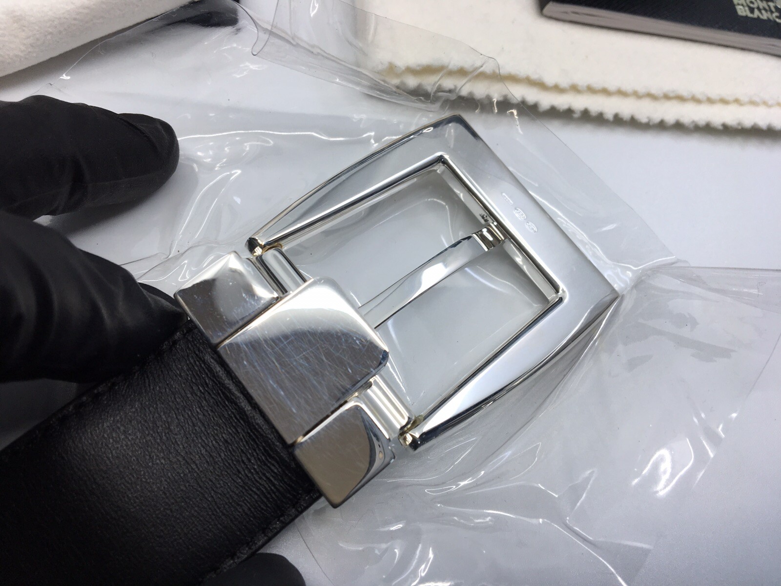 New Authentic Montblanc Sterling Silver Buckle Trapeze Calf Strap Belt