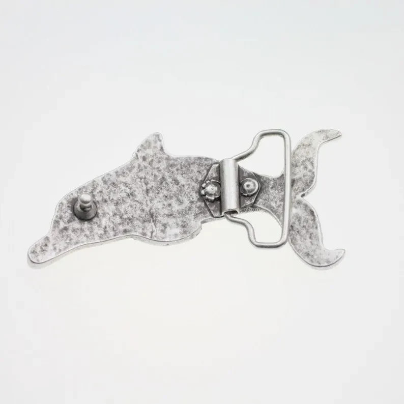 ChatGPT: Belt Buckle Dolphin Design Antique Silver Nautical Animal Print Oval Embossed