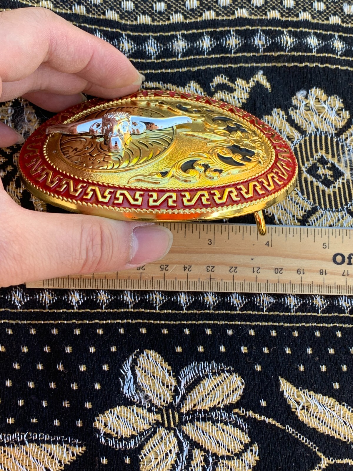 Western Buckle Gold Silver Black Red Longhorn Cowboy Oval 2 » Rodeo Buckle