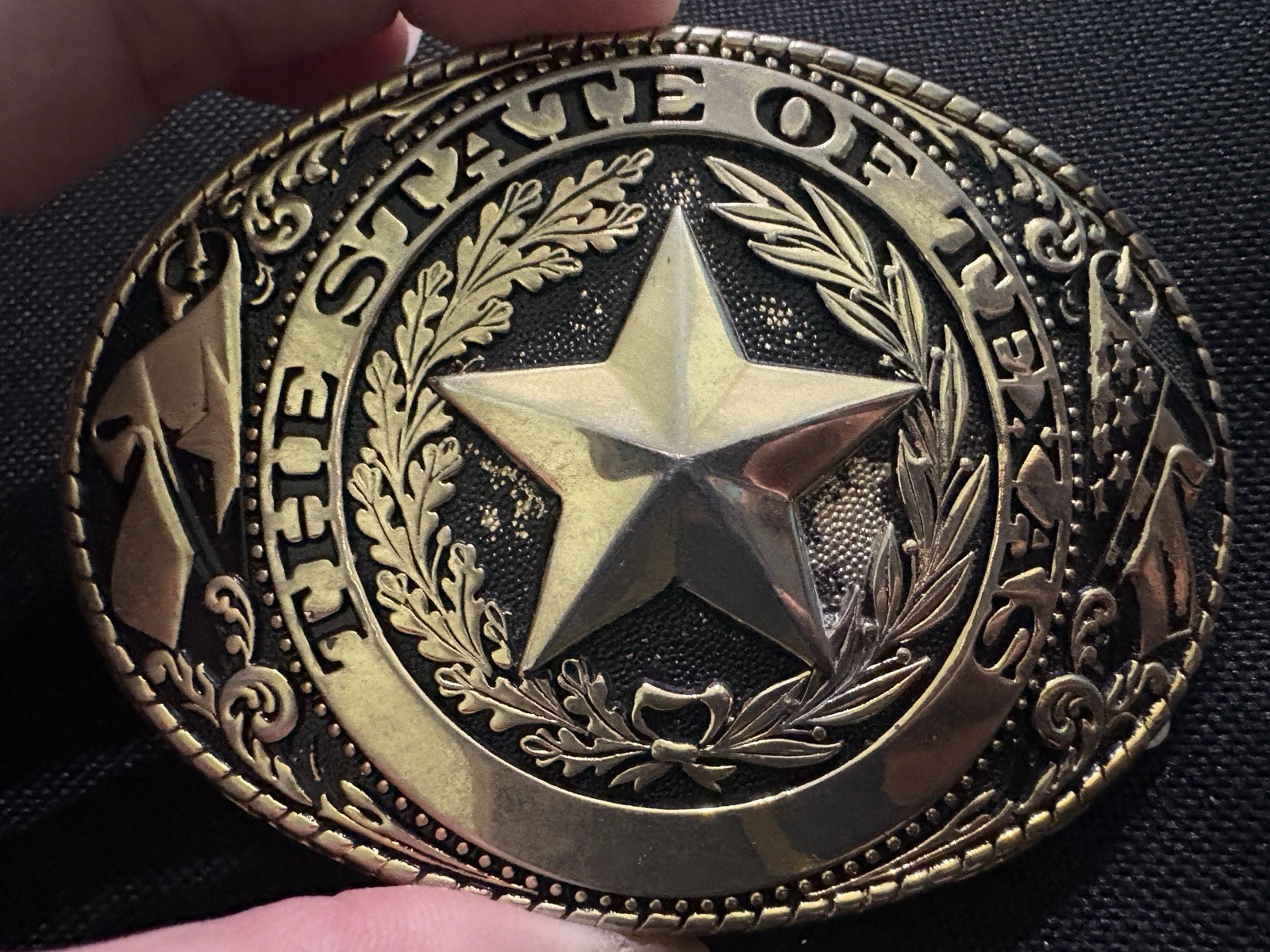 Texas Western State Oval Belt Buckle Star Accent Gold/Silver Metal 1.75in