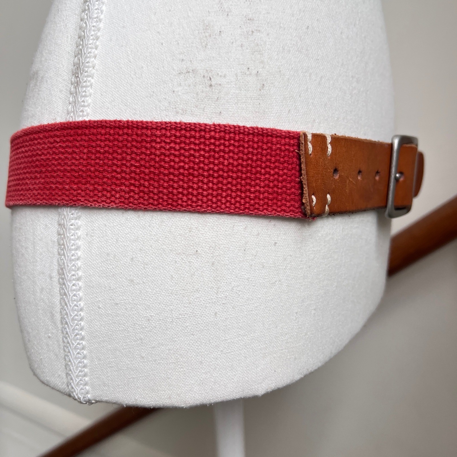 Vintage Red Canvas Brown Leather Belt Silver Buckle Preppy Statement