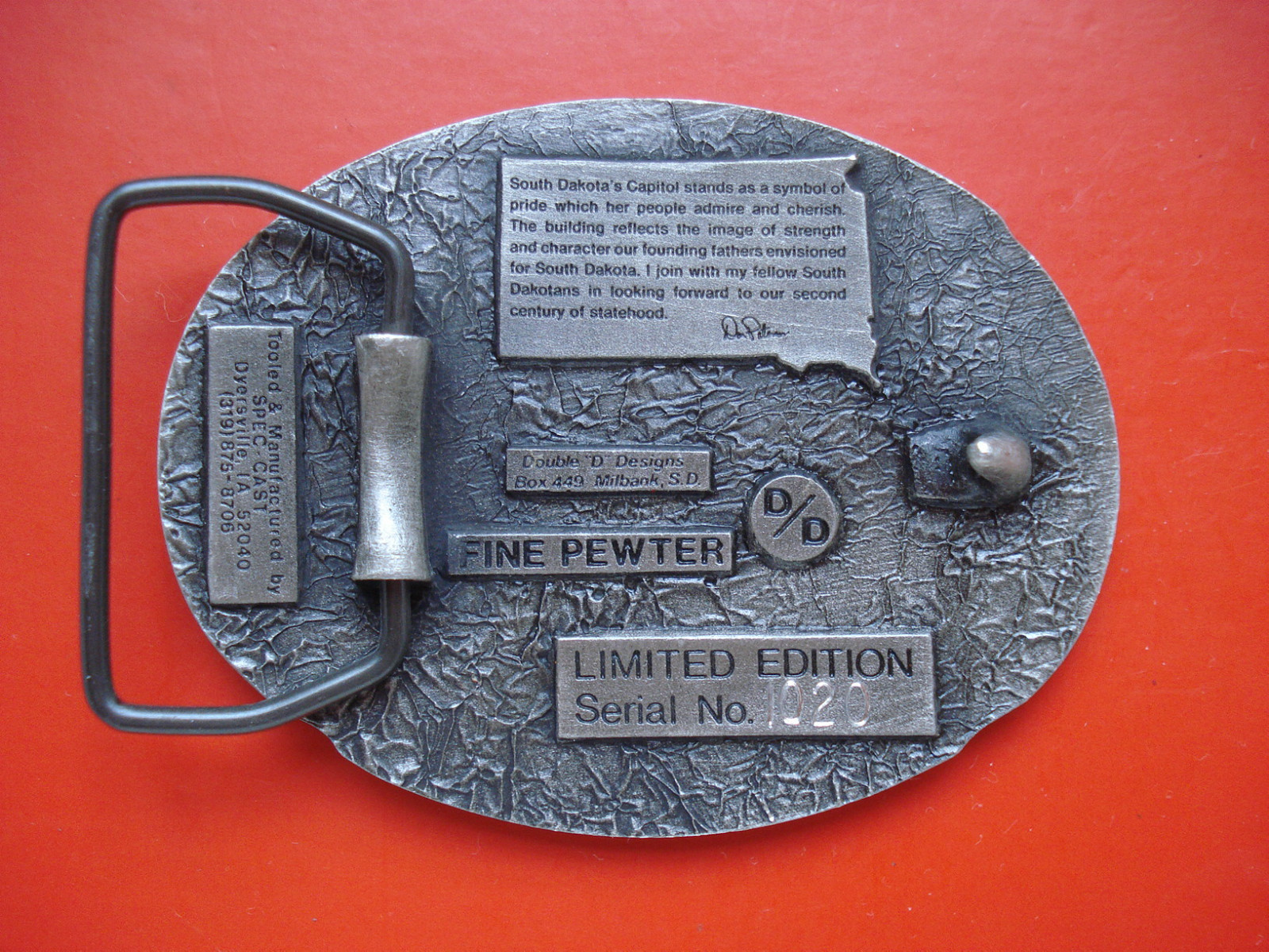 VTG 1989 South Dakota Centennial Limited Edition Pewter Belt Buckle