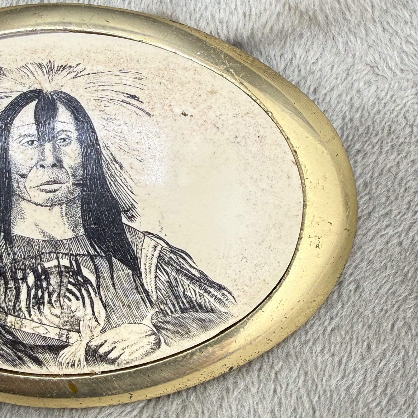 Vintage Etched Resin Buckle Native American Gold Tone Baron Buckles