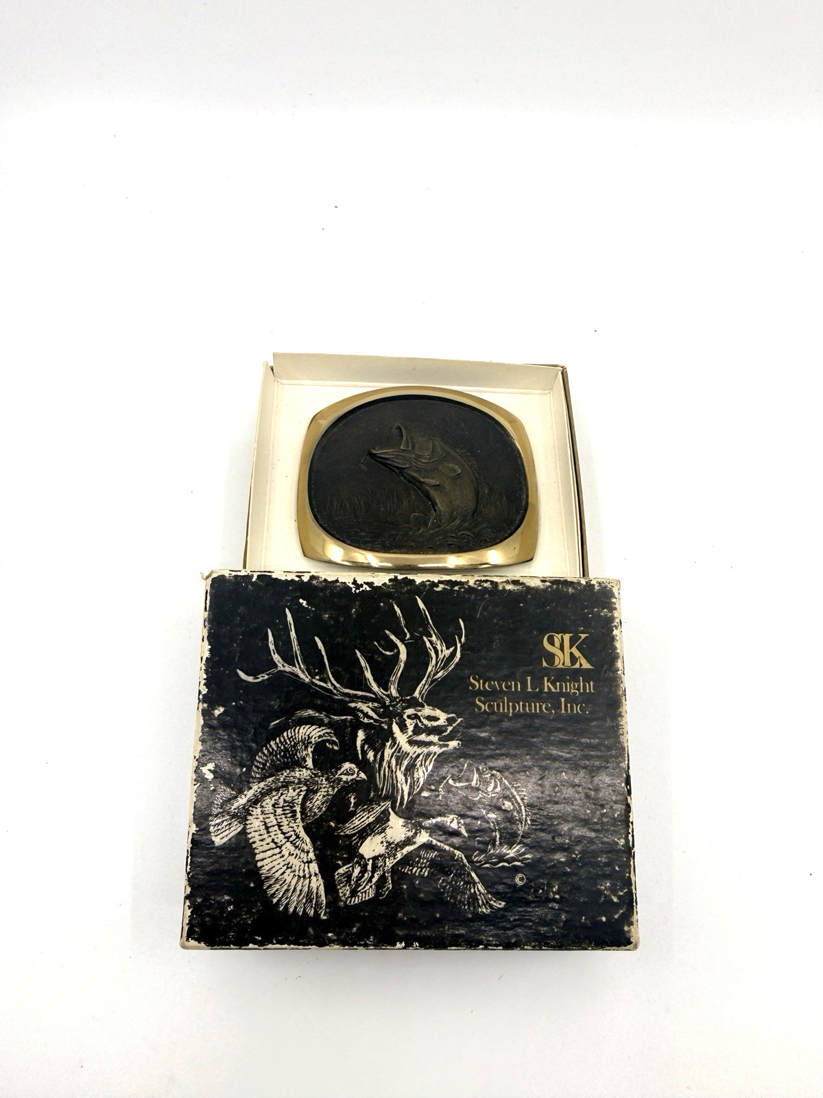 Steven L Knight Sculpture Bass Fly Fishing Belt Buckle Solid Bronze Vintage USA