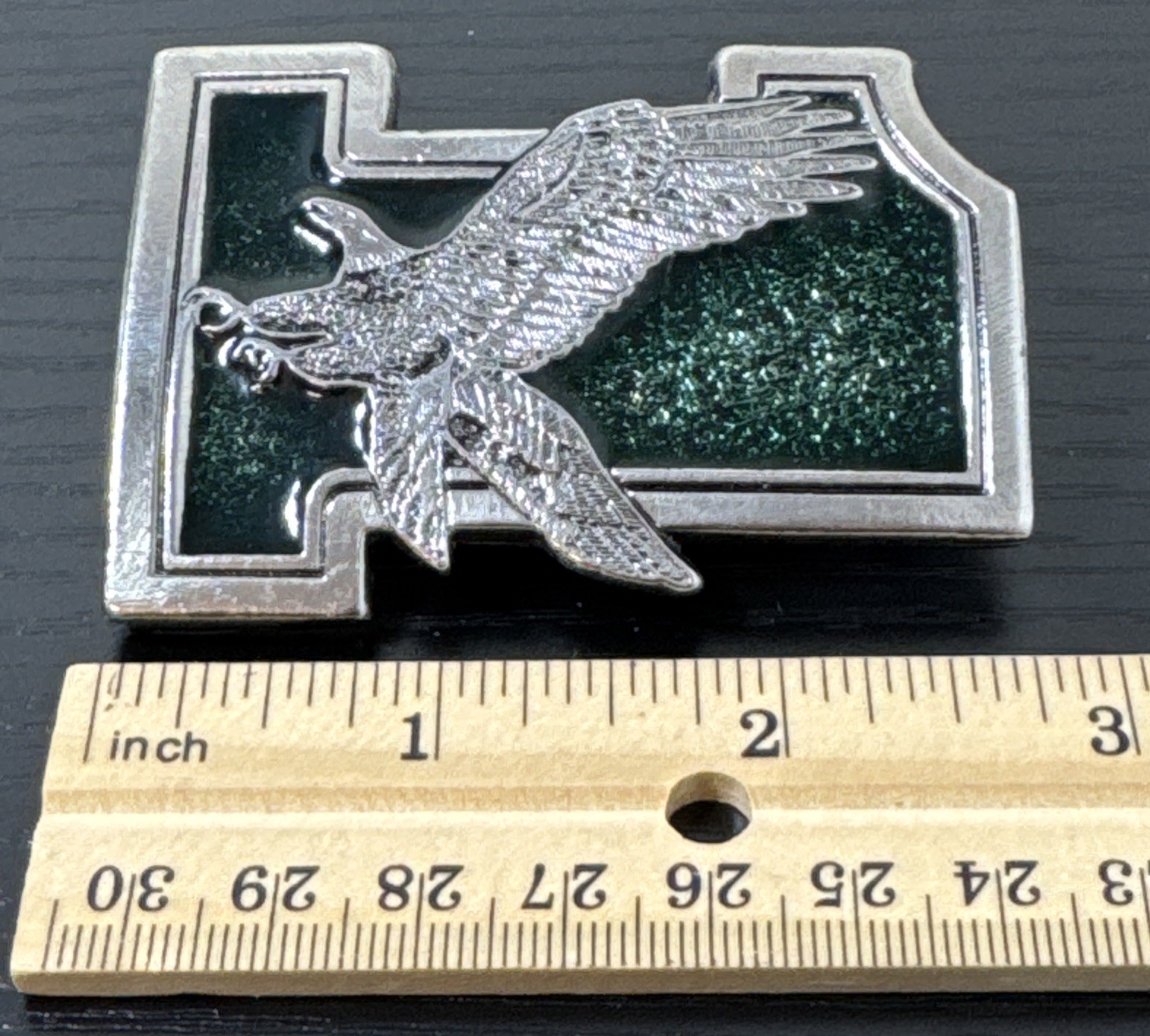 1975 Great American Buckle Co. Eagle On #1 Vtg Belt Buckle Silvertone & Green