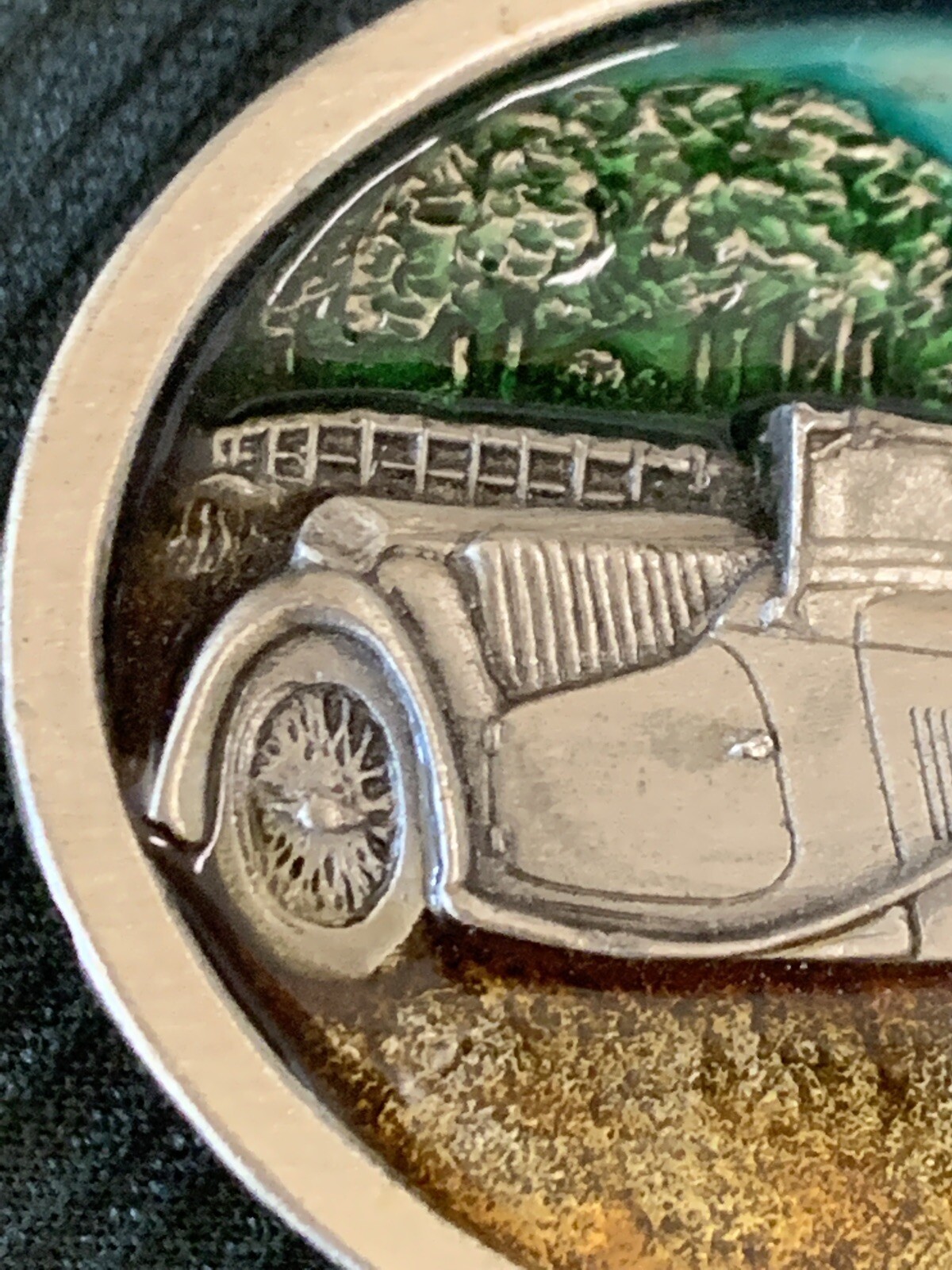 VINTAGE Belt Buckle PEWTER/ENAMEL Antique Convertible Car Fence Farm House 1984