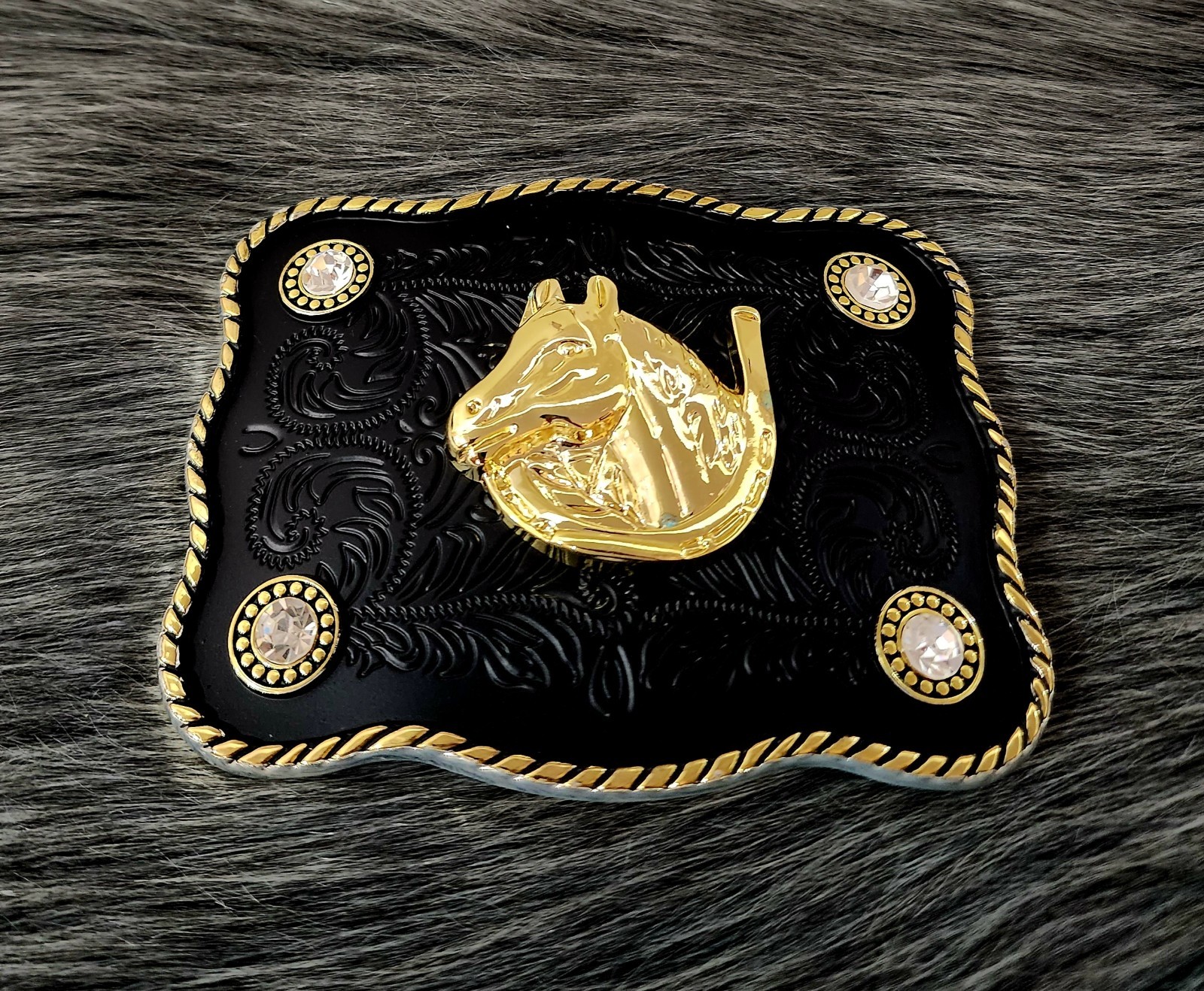 Horse Shoe Caballo Black Gold Plated Western Rodeo Belt Buckle Hebilla Vaquera