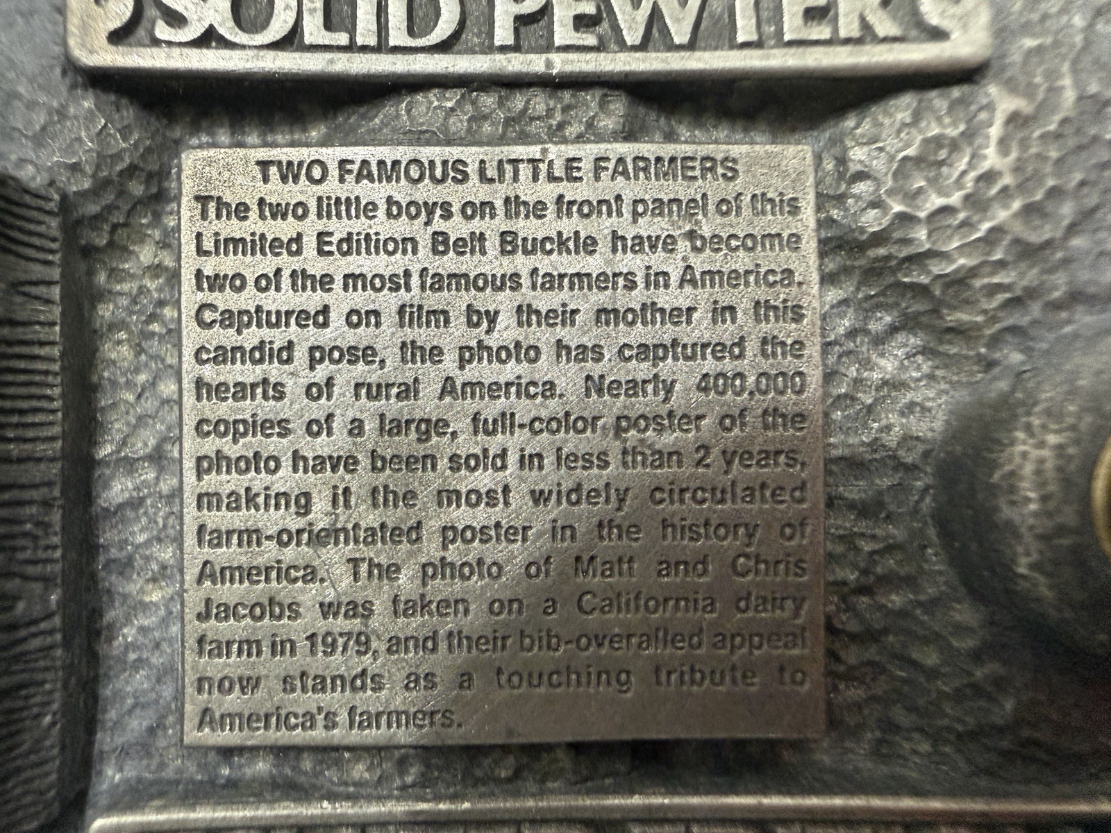vintage USA made LITTLE FARMERS belt buckle SOLID PEWTER farming WESTERN heavy