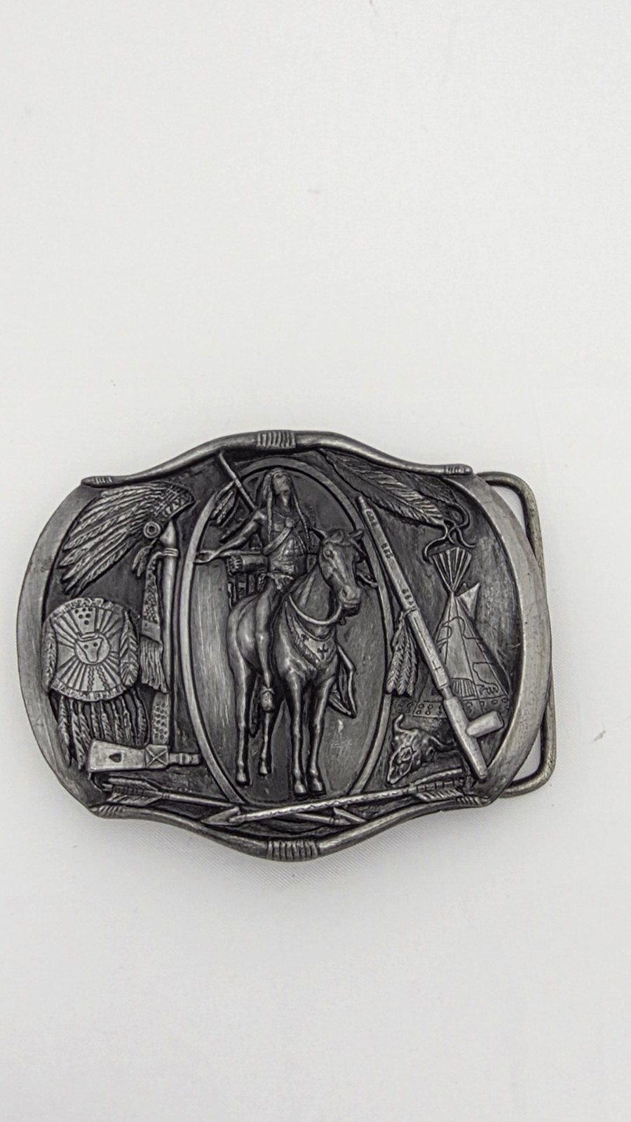 Vintage 1984 Bergamot Brass Works Native American Horse Rider Belt Buckle