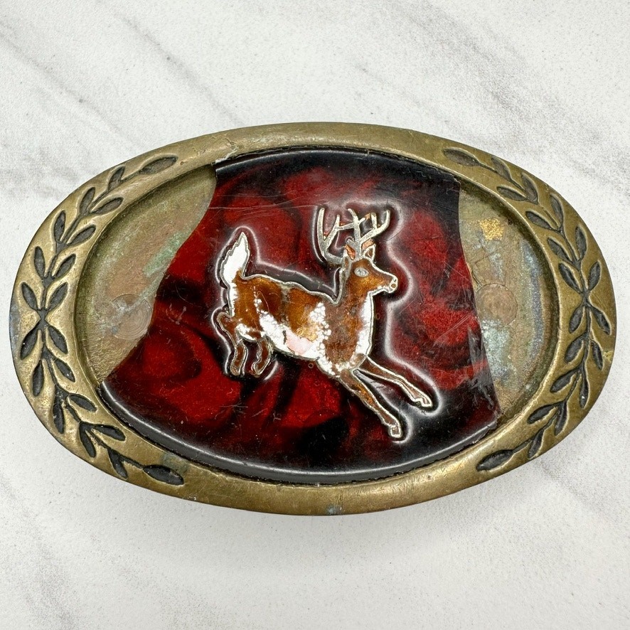 Vintage Aminco 1980 Solid Brass Deer Belt Buckle Red Black Enamel Oval Laurel
