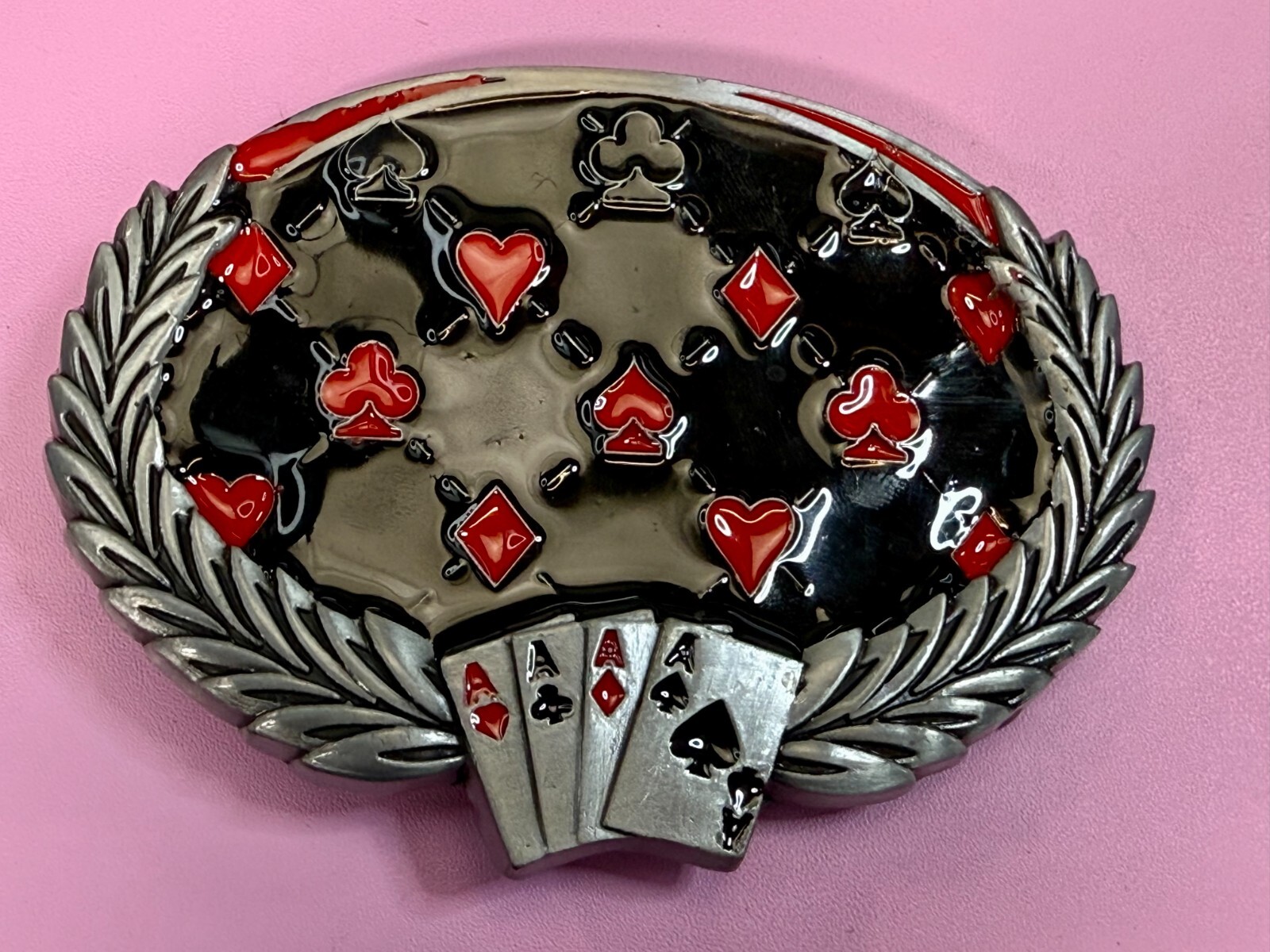 Four Aces Laurel Leaf Playing Card Casino Las Vegas Gambling Gambler Belt Buckle