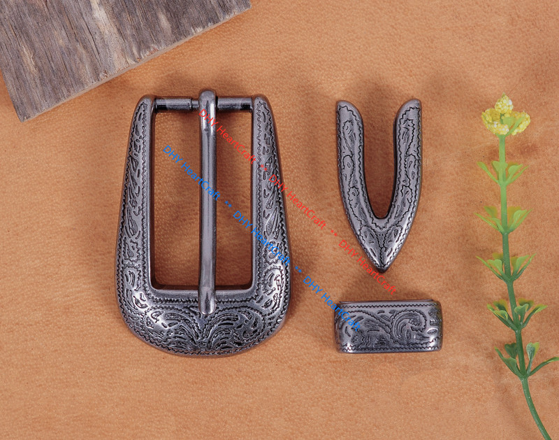 22mm Vintage Silver Flower Engraved Cowboy Western 3 piece belt Pin buckle Set