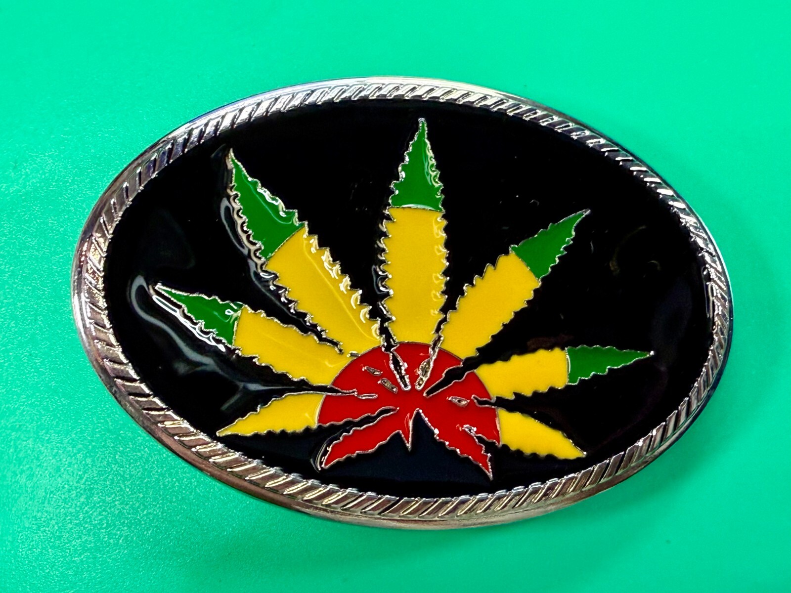 Marijuana Cannabis Pot Leaf Weed Enameled Rasta Colors New 4&Prime; Wide Belt Buckle
