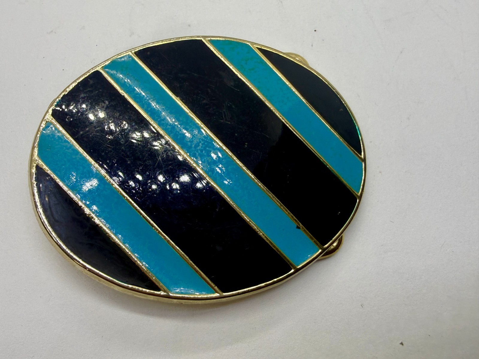 Geometric Enamel Pattern Black Blue Stripes Outlined Hippy Vibe Belt Buckle