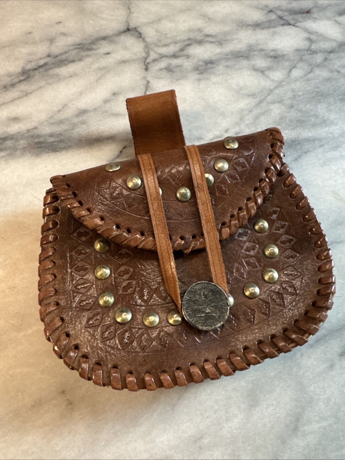 Vintage Boho Festival Leather Belt Bag Pouch Studs Hand Tooled 5.5”W X 4.5”H