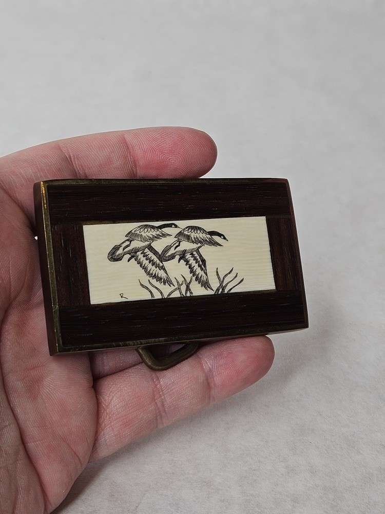 Vintage 1978 Brass Wood Duck Etched Belt Buckle