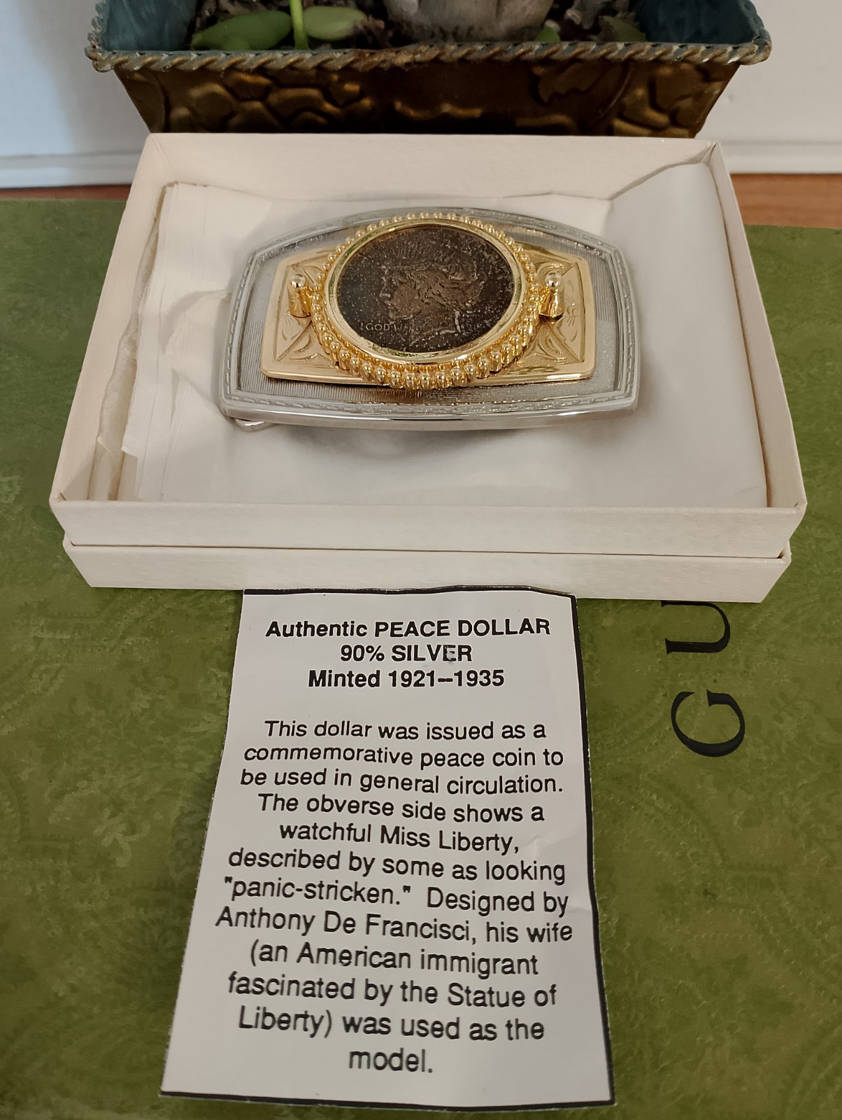 Silver Gold Color REAL 1923 Peace Silver Dollar Rectangle Frame Belt Buckle