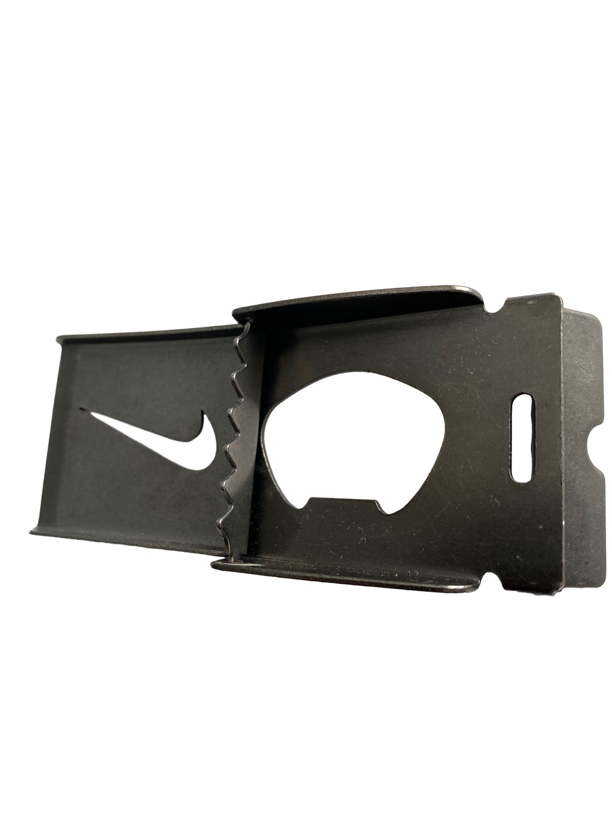 Nike Gun Metal Belt Buckle Cutout Swoosh Logo SilverTone Beer Opener 2.5×1.75”