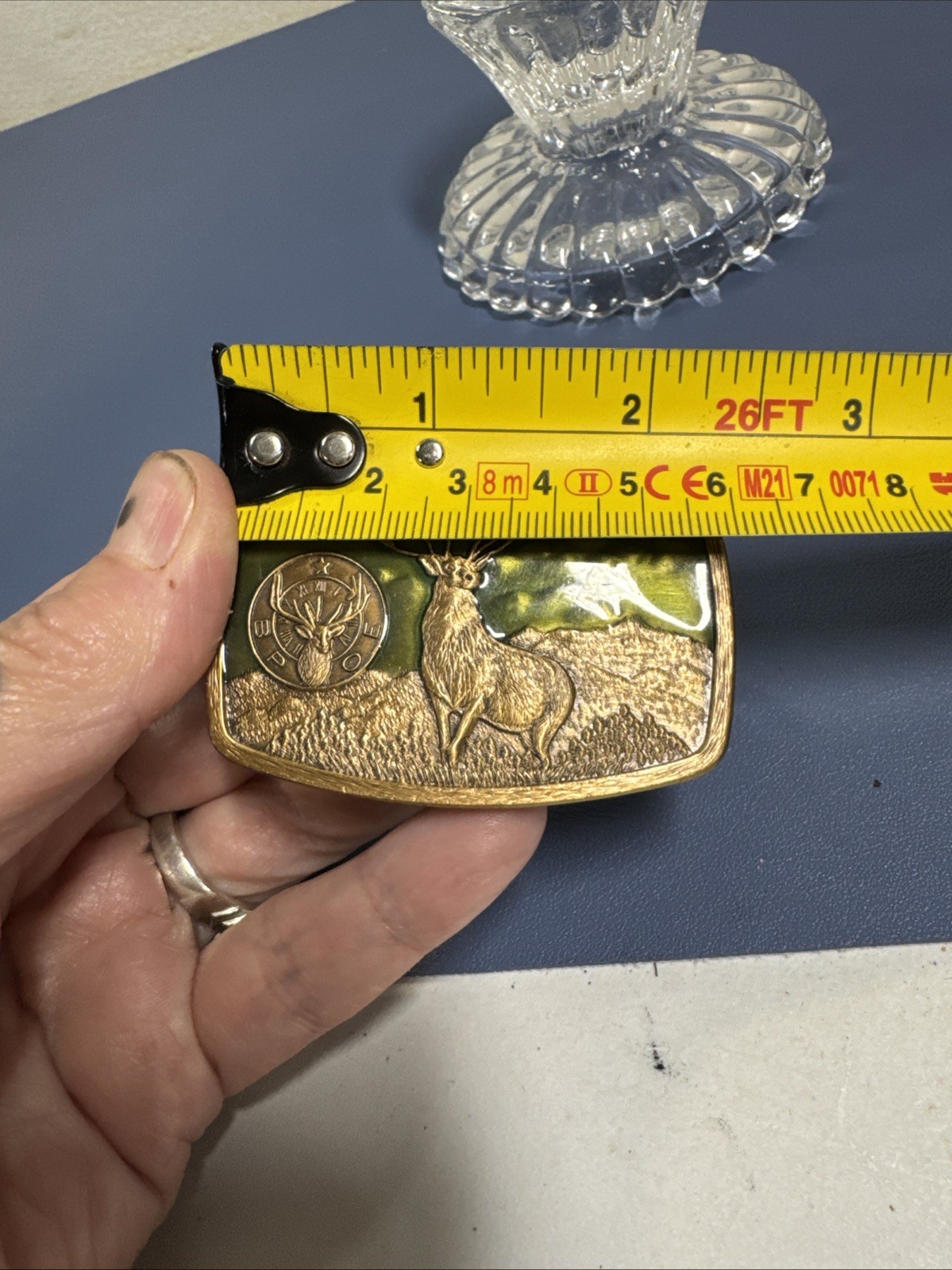 Vintage 1981 Harry Klitzner Co BPOE Elk Deer Green Enamel Belt Buckle Brass Tone