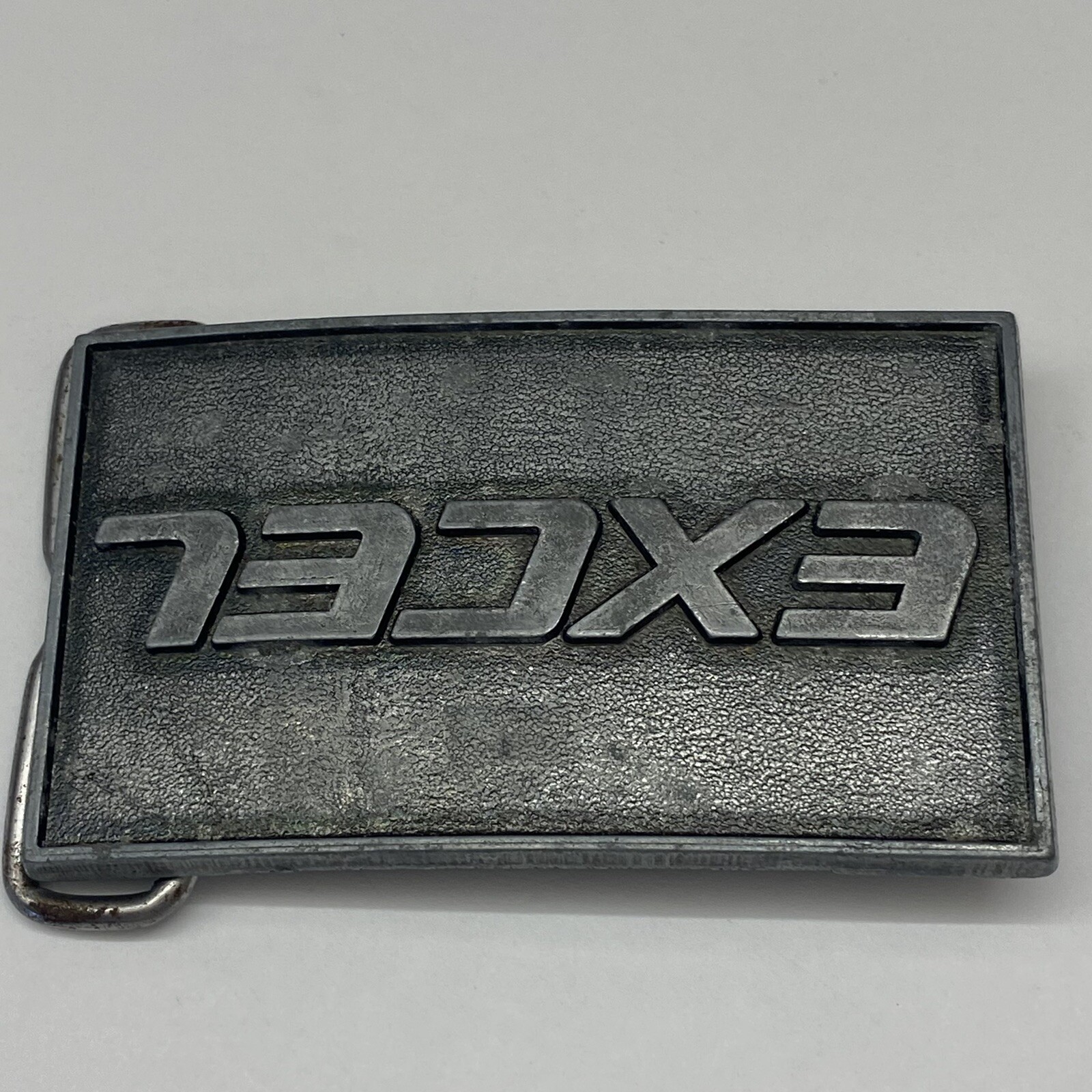 Excel Belt Buckle Metal Pewter tone Raised Lettering Made in USA Vintage