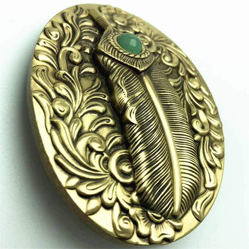 Feather & Jade Solid Brass Belt Buckle Western Cowboy Boucle Vintage Antique