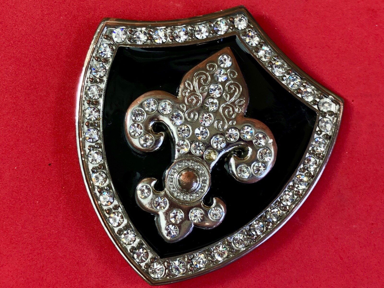 Saints Symbol Fleur De Lis Black Shield Family Crest Rhinestone Belt Buckle