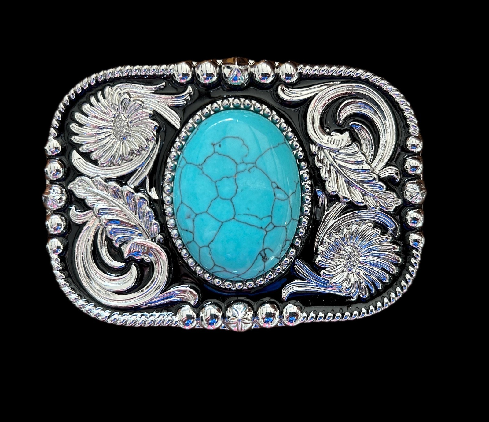Silver Floral Western Belt Buckle Teal Stone Agate Cowboy Snap On 1.5in Strap
