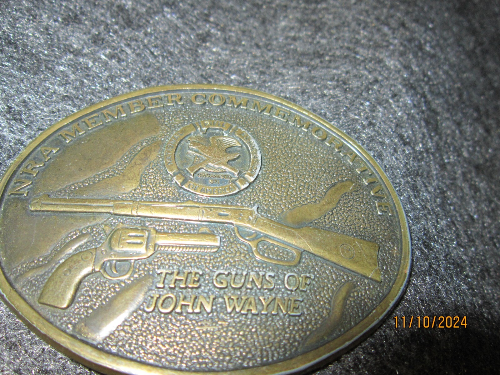Vintage Brass Belt Buckle NRA MEMBER COMMEMORATIVE The Guns of John Wayne