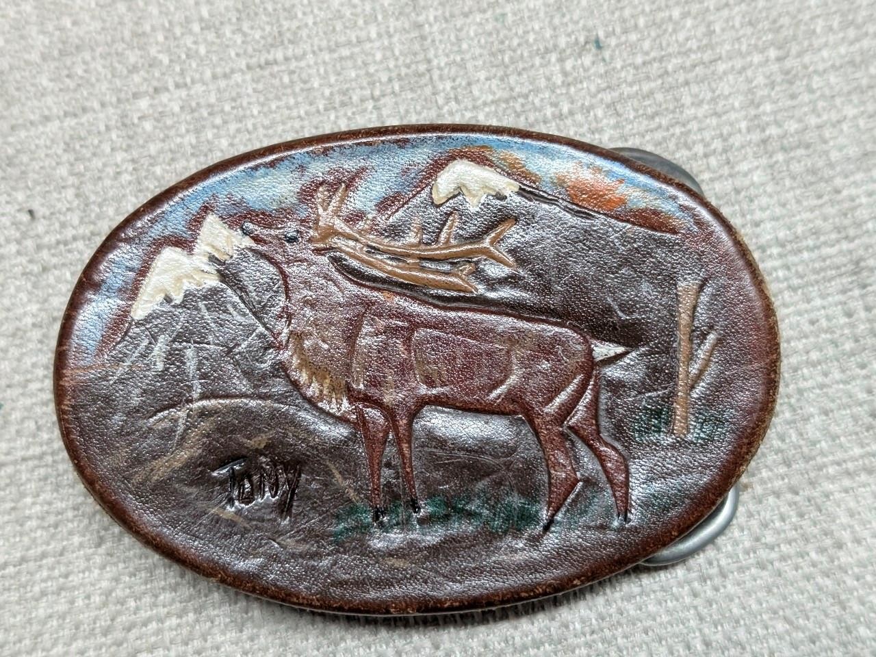vintage ELK belt buckle TOOLED leather MOOSE handcrafted WESTERN mountains