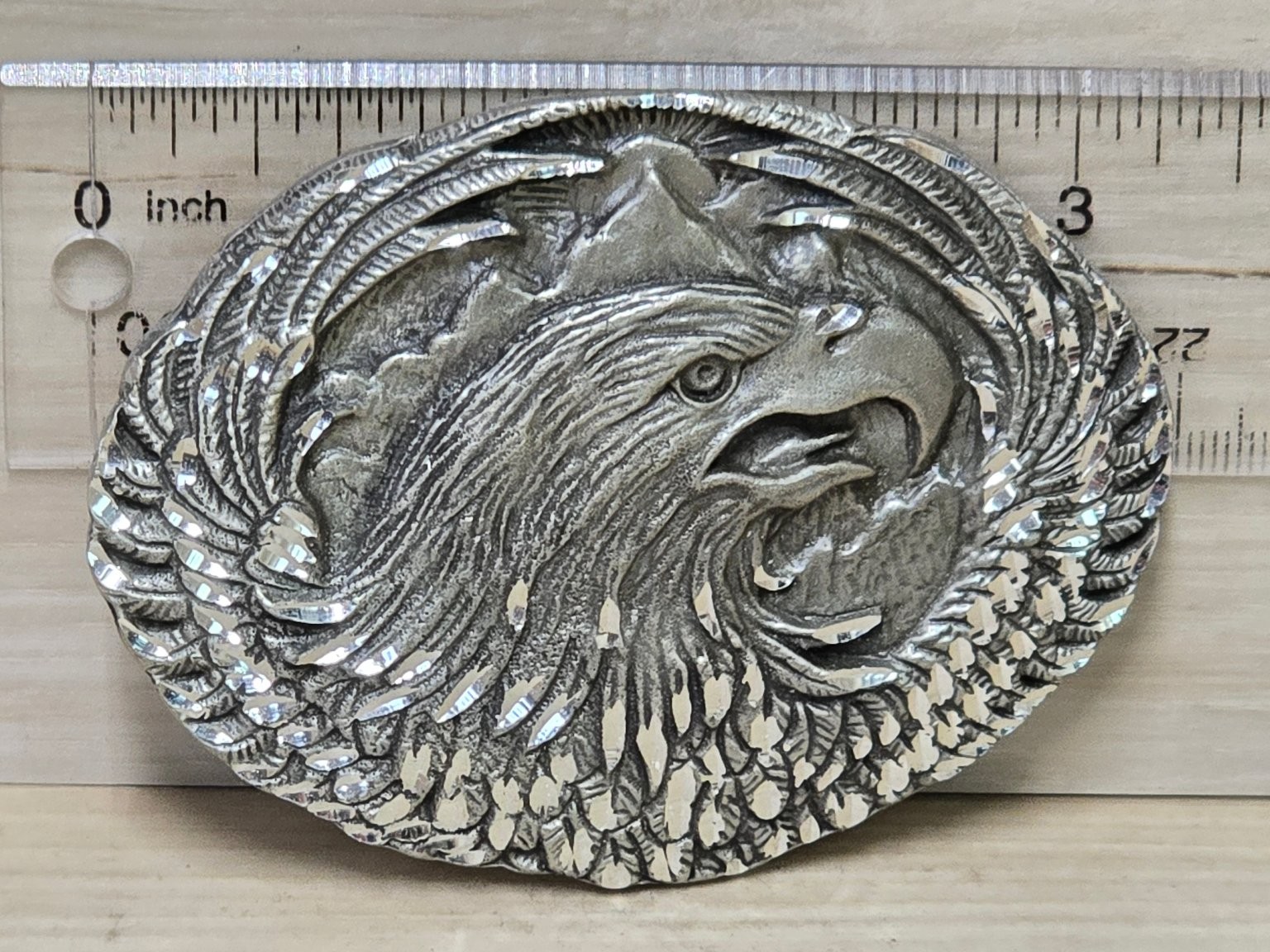 Vintage E&J Belt Buckle Silver Tone 3.25&Prime; Engraved Eagle Wildlife Western