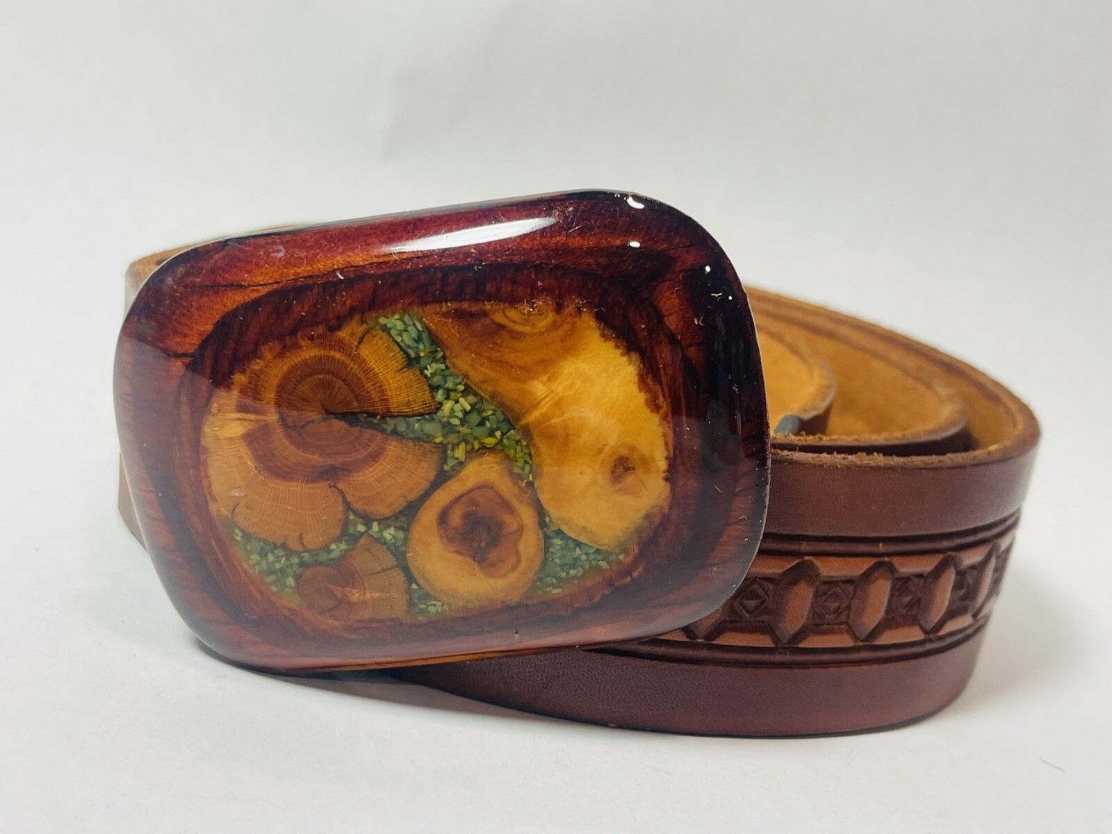 Vintage Wood and Stone Polished Acrylic Belt Buckle and Leather Belt Brass