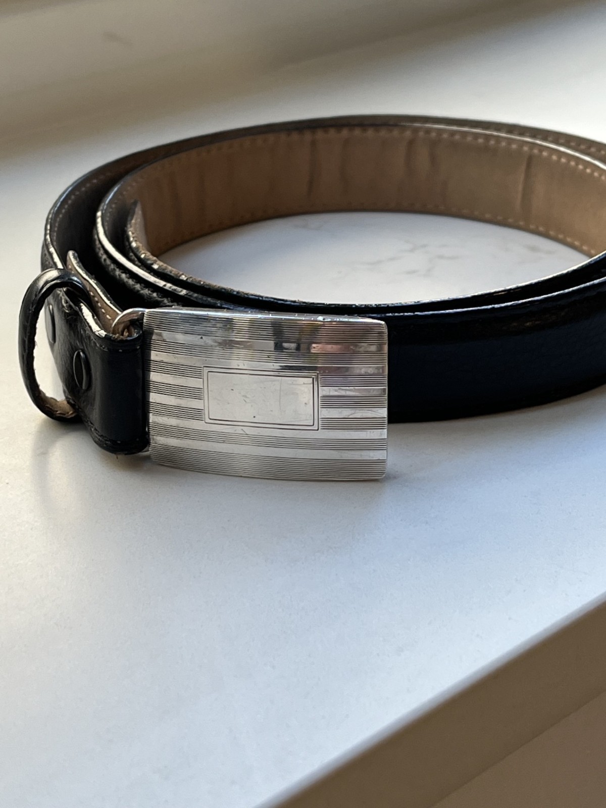 Sterling Silver Belt Buckle, Paul Stewart NYC — w/Tiffany 32&Prime; Calfskin Belt