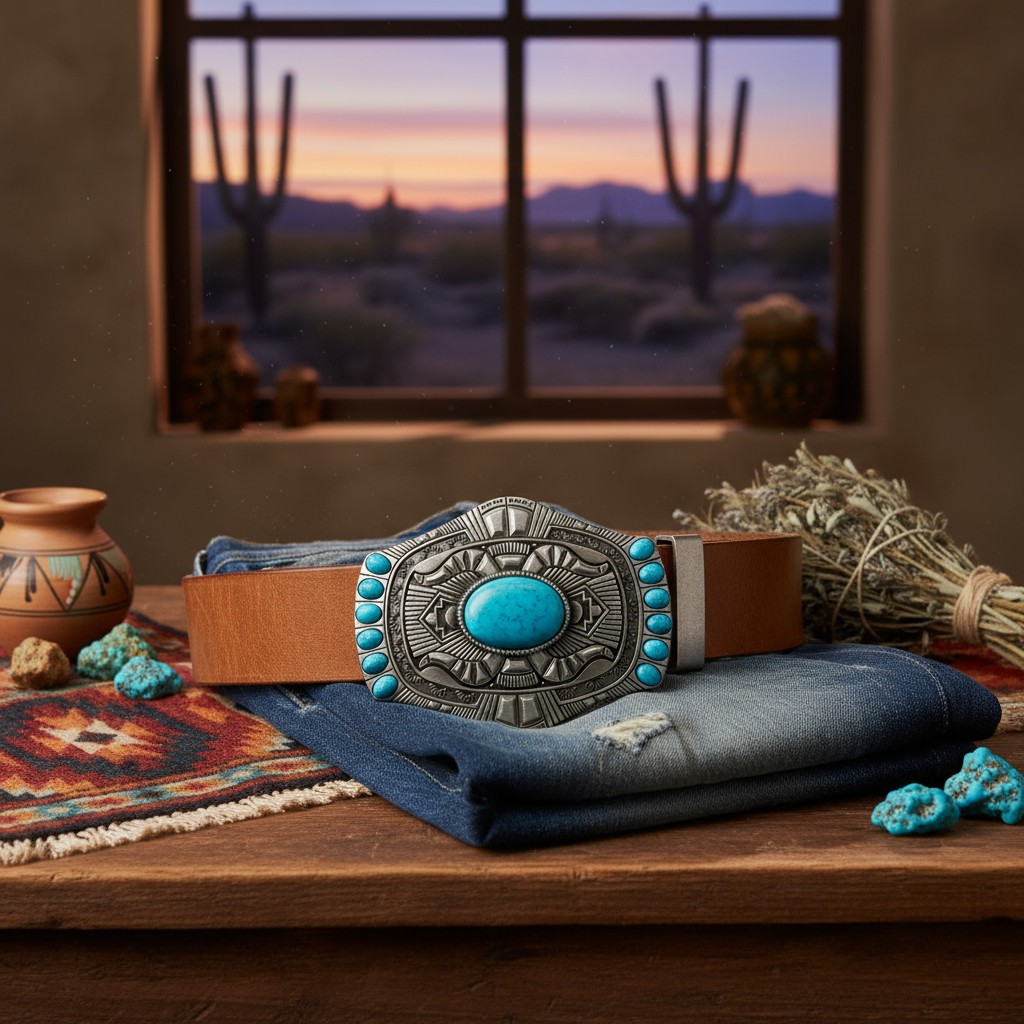 Men Women Silver Metal Big Belt Buckle Southwestern Ethnic Turquoise Blue Beads