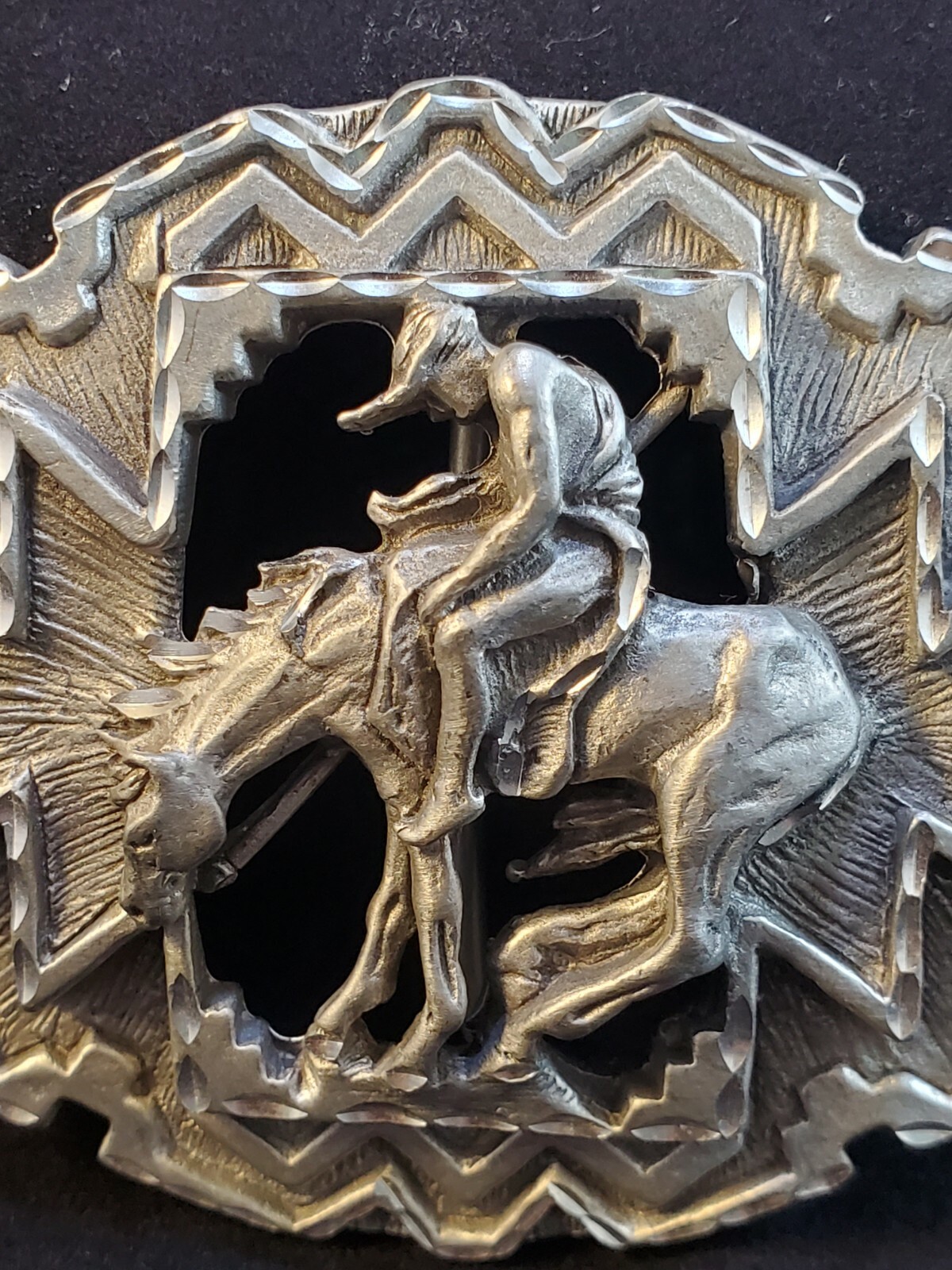 Diamond Cut Pewter Man Riding Horse Belt Buckle
