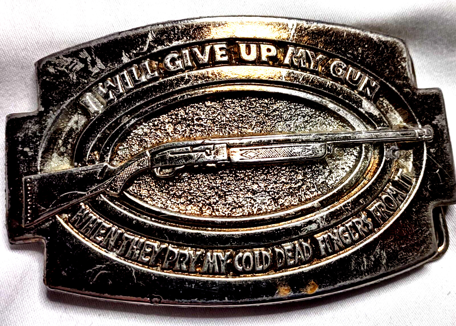 Belt Buckle VTG Cast Brass 1976 Give Up My Gun Pry Cold Dead Fingers From It