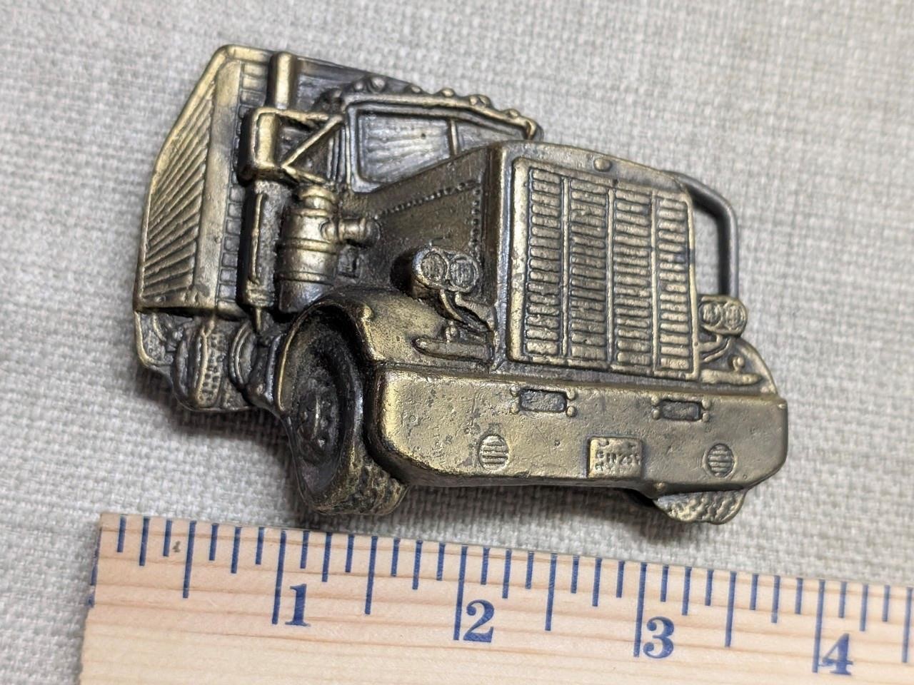 vintage TRUCKER belt buckle BIG RIG semi-truck SOLID BRASS heavy WESTERN cowboy