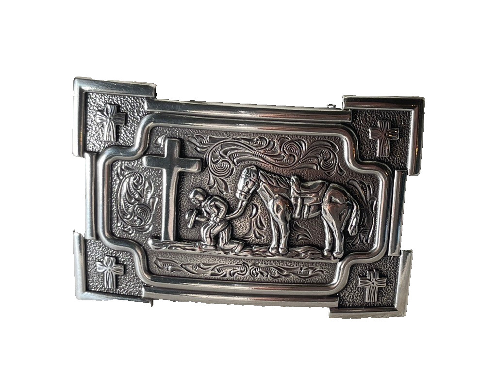 Nocona Mens Belt Buckle 3.5 x 2.5 in Cowboy Horse Cross Western Silver 1.5