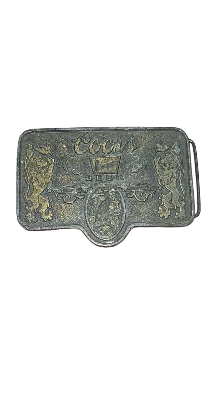 Vintage Coors Banquet Beer Belt Buckle Waterfall Lions Metal Brown Gold
