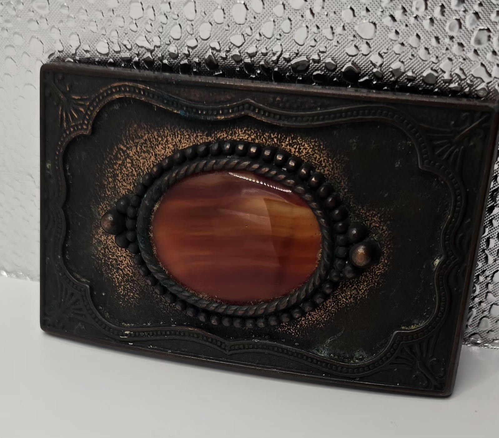 VTG Faux Gemstone Gold Stone Western Cowboy Buckle Copper Tone