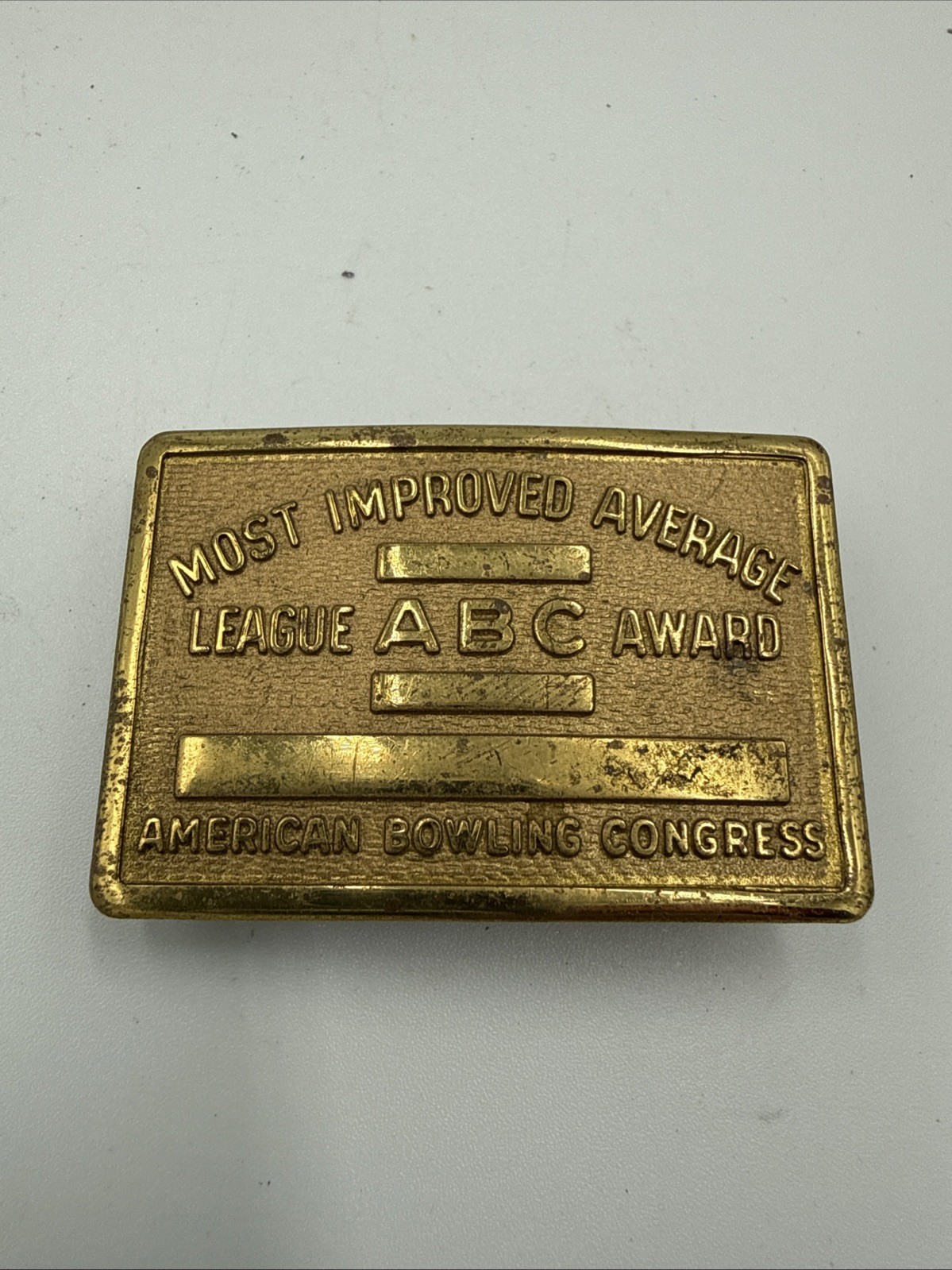 Vintage ABC Bowling League Award Brass Belt Buckle Most Improved Average