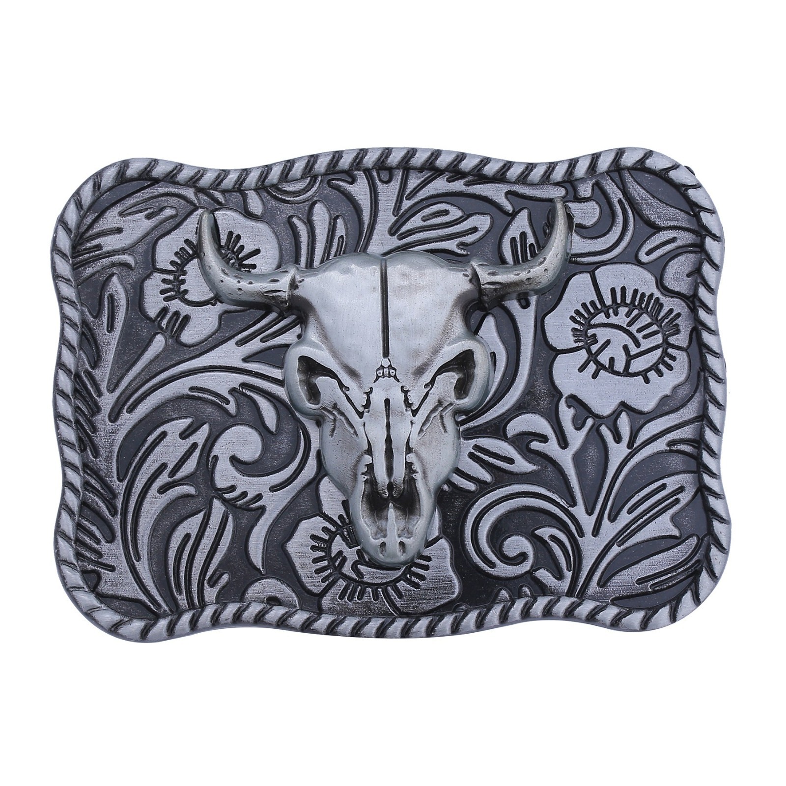 Silver Skull Horns Western Bull Skull Belt Buckle Engraved Cowboy 3.5 x 2.5