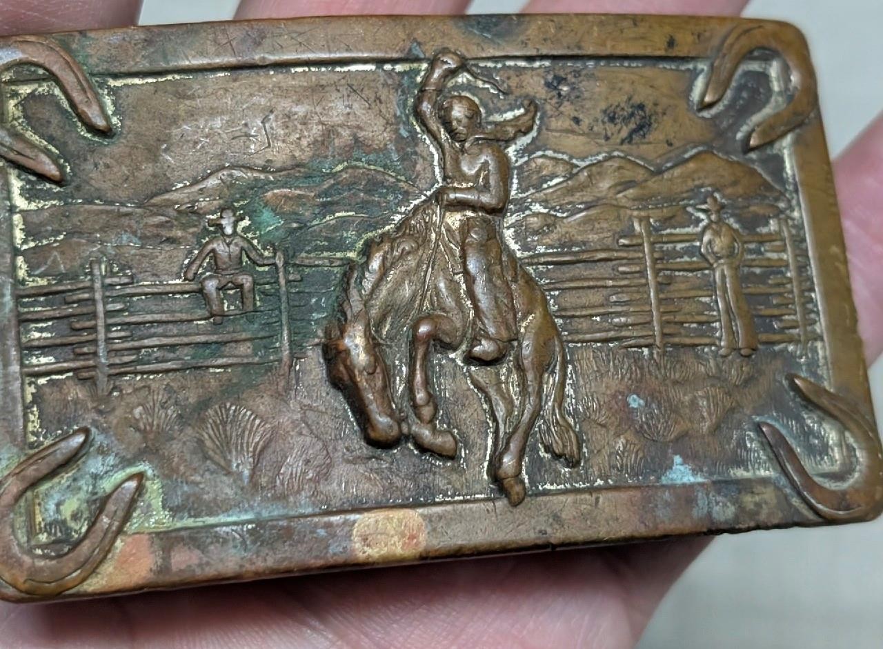 vintage 1950s belt buckle BRONZE brass COWBOY western RODEO bronco horse
