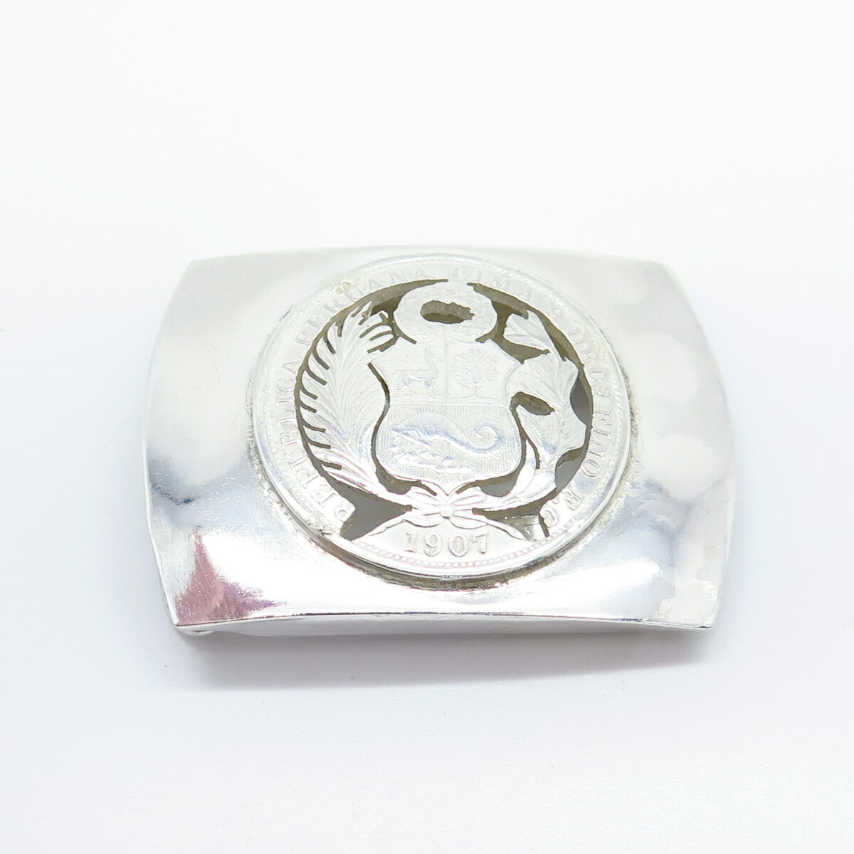 925 Sterling Silver Antique 1907 Peruvian Dinero Coin Belt Buckle