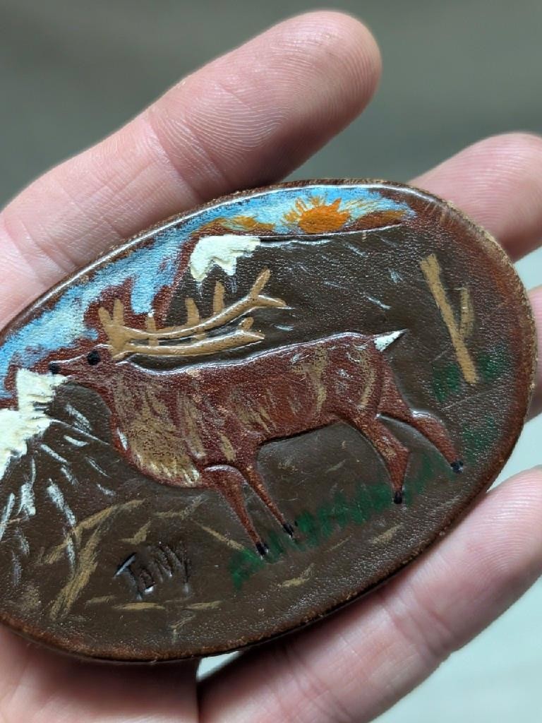 vintage ELK belt buckle TOOLED leather MOOSE handcrafted WESTERN mountains