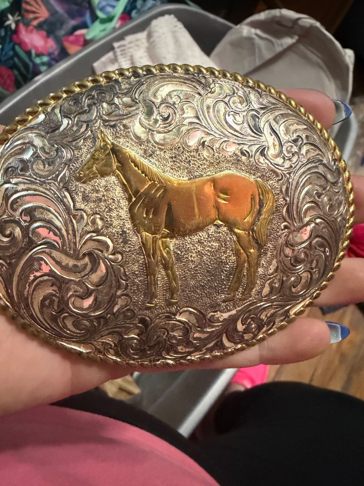 Crumrine® silver plated Oval Rope Edge Standing Horse Belt Buckle C01578