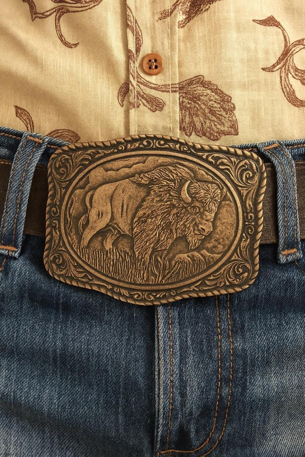 Brass Engraved Buffalo Belt Buckle Southwestern Cowboy Western Rodeo Style