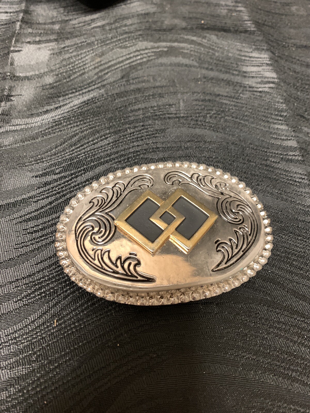 Vintage Western Square Dance Belt Buckle Squares Silver Brass Black Oval USA