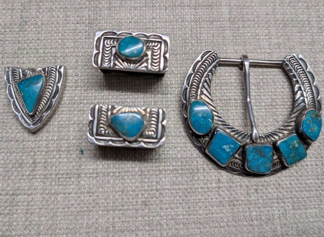 vintage STERLING SILVER belt buckle set 4PC turquoise SAMPSON WERITO navajo