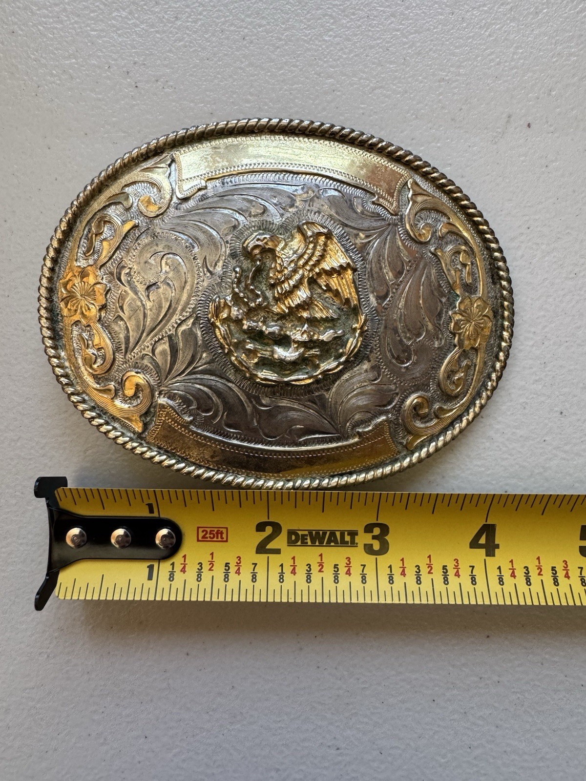 M. K. Mexico Oval Western Floral Engraved Belt Buckle Rope Edge Eagle 1.5in